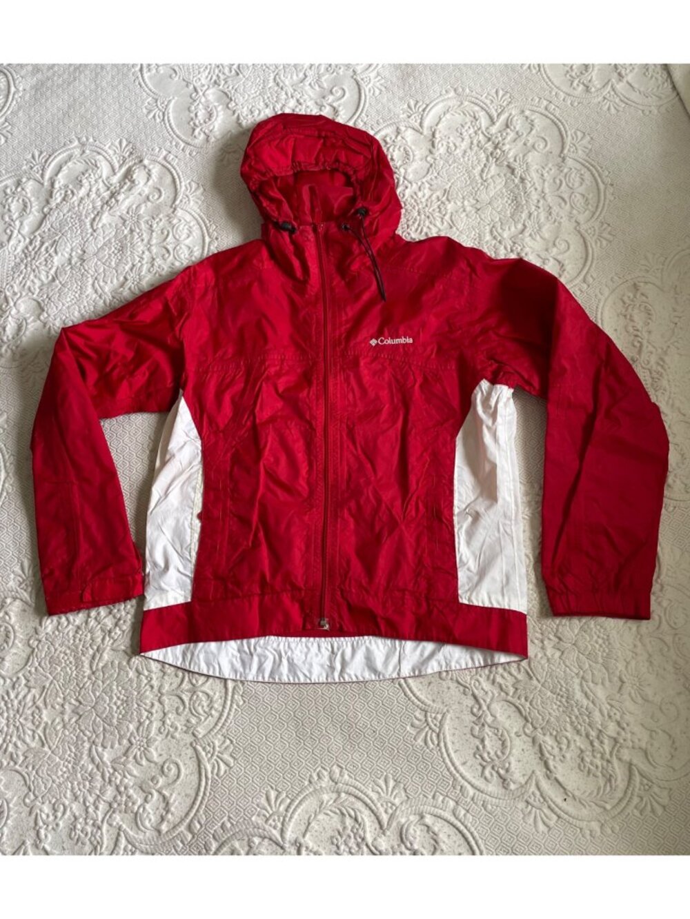 Columbia Windbreaker Jacket Women Size Medium Red and White Nylon Full Zip Hood
